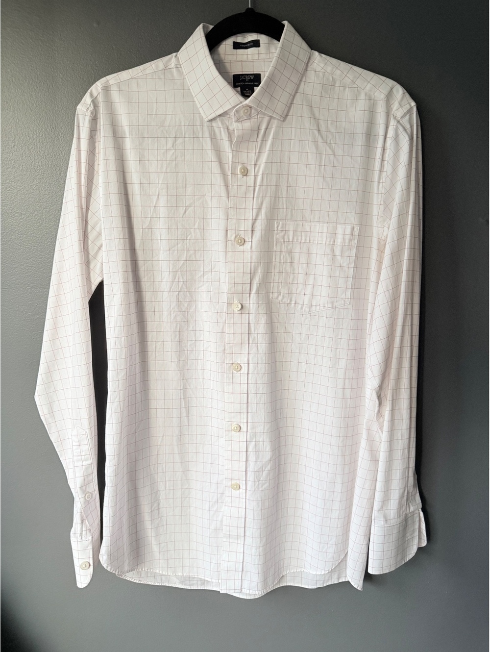 J.Crew Thompson Stretch Wrinkle-Free White and Pink Check Dress Shirt, Size M